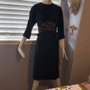 Vintage Classic Black Midi Dress with Lace Waist Accent